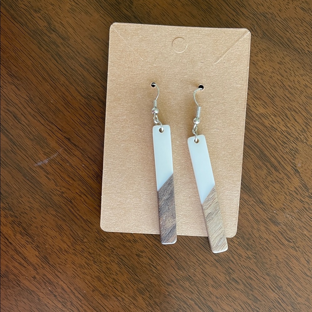 White and Wooden Bar Earrings - Women Jewelry